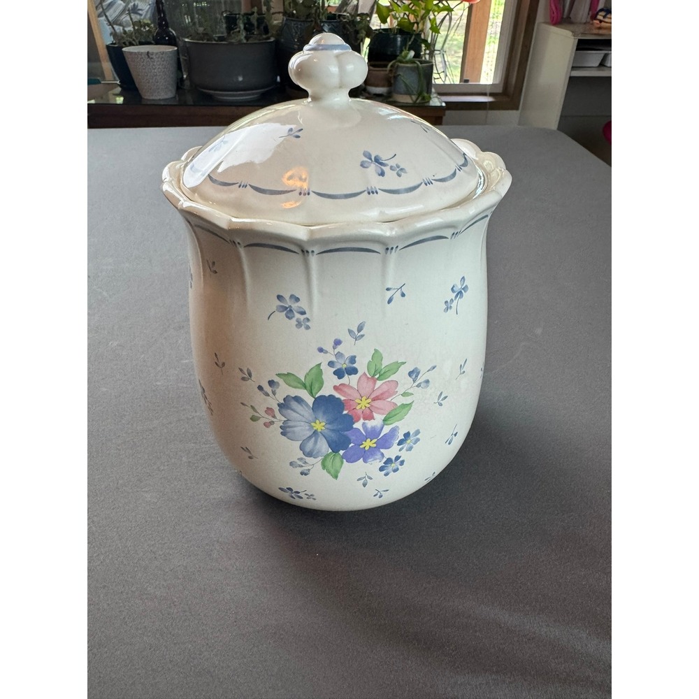 Vintage Japan Blue Floral Cookie Jar Lid Pottery Ceramic - 8.5" Tall W/ Lid